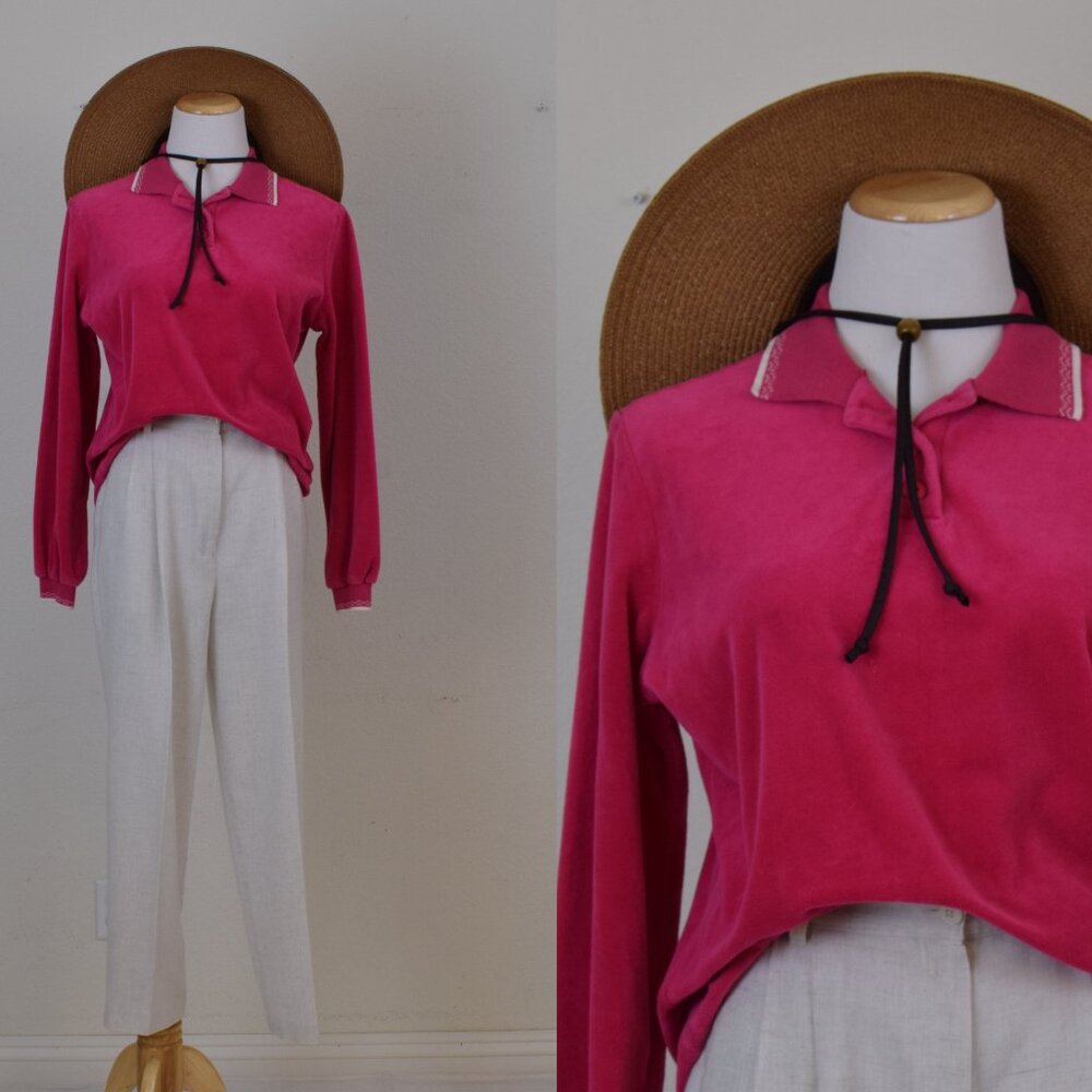 Vintage 80s Hot pink Velour Sweatshirt‎ size M